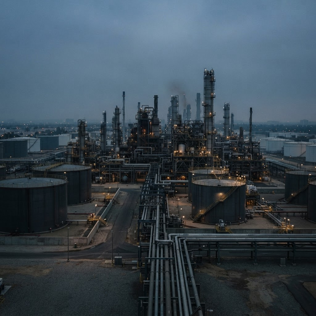 Industrial refinery complex with storage tanks and pipework at dusk